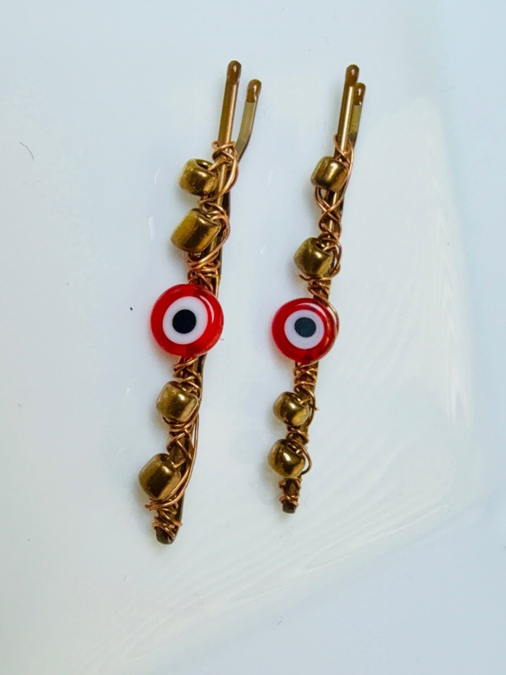 Red Evil Eye and Copper Colored Beaded Bobby Pins